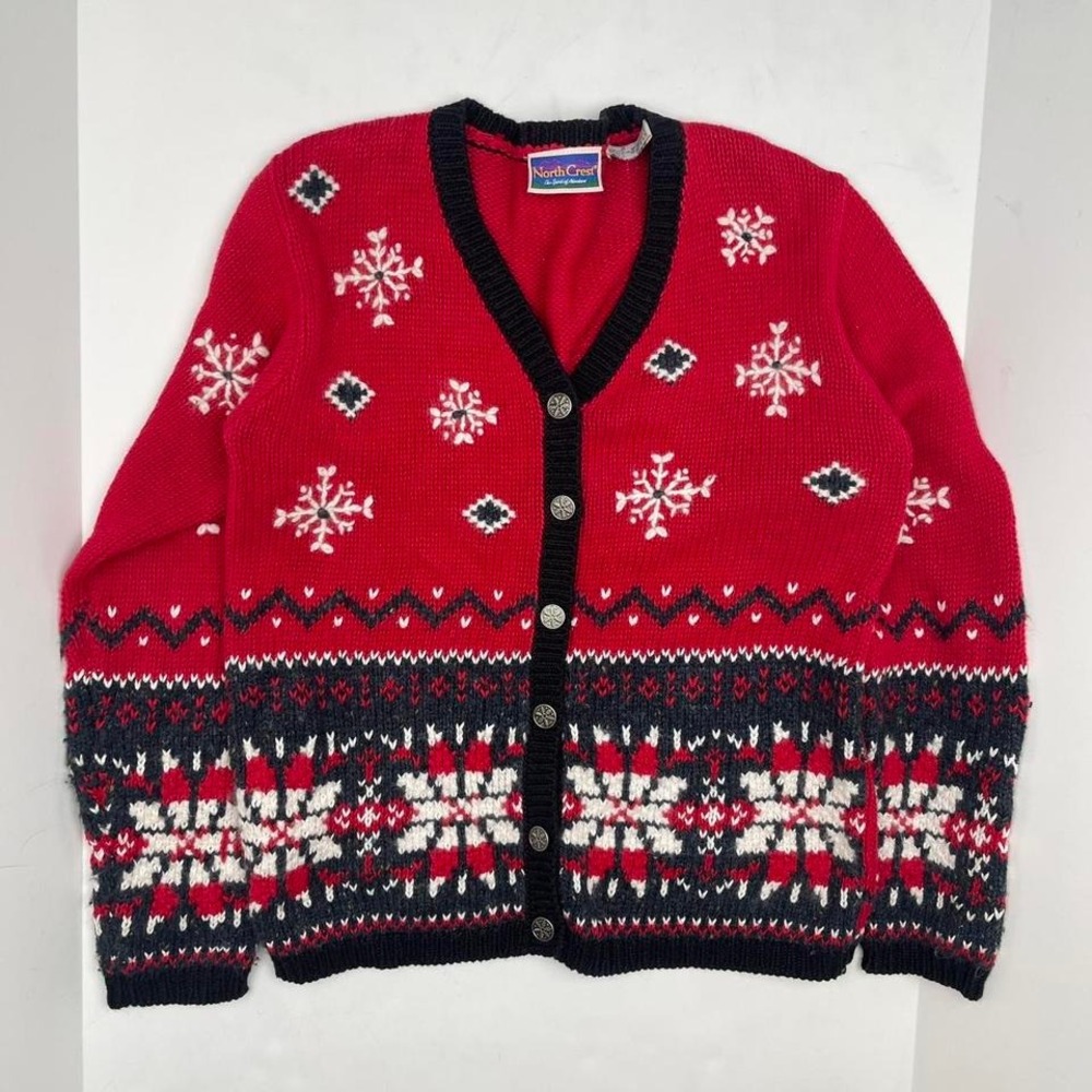 VTG 90s Holiday Knit Sweater Cardigan Fair Isle Embroidered Women's Small Retro